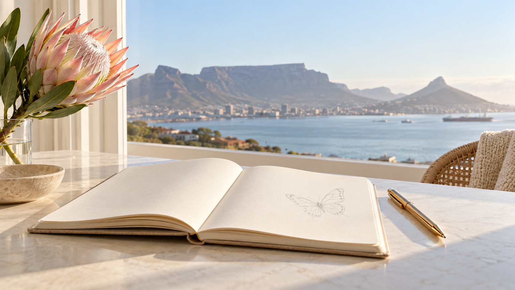 An open notebook and gold pen beside a bright Cape window