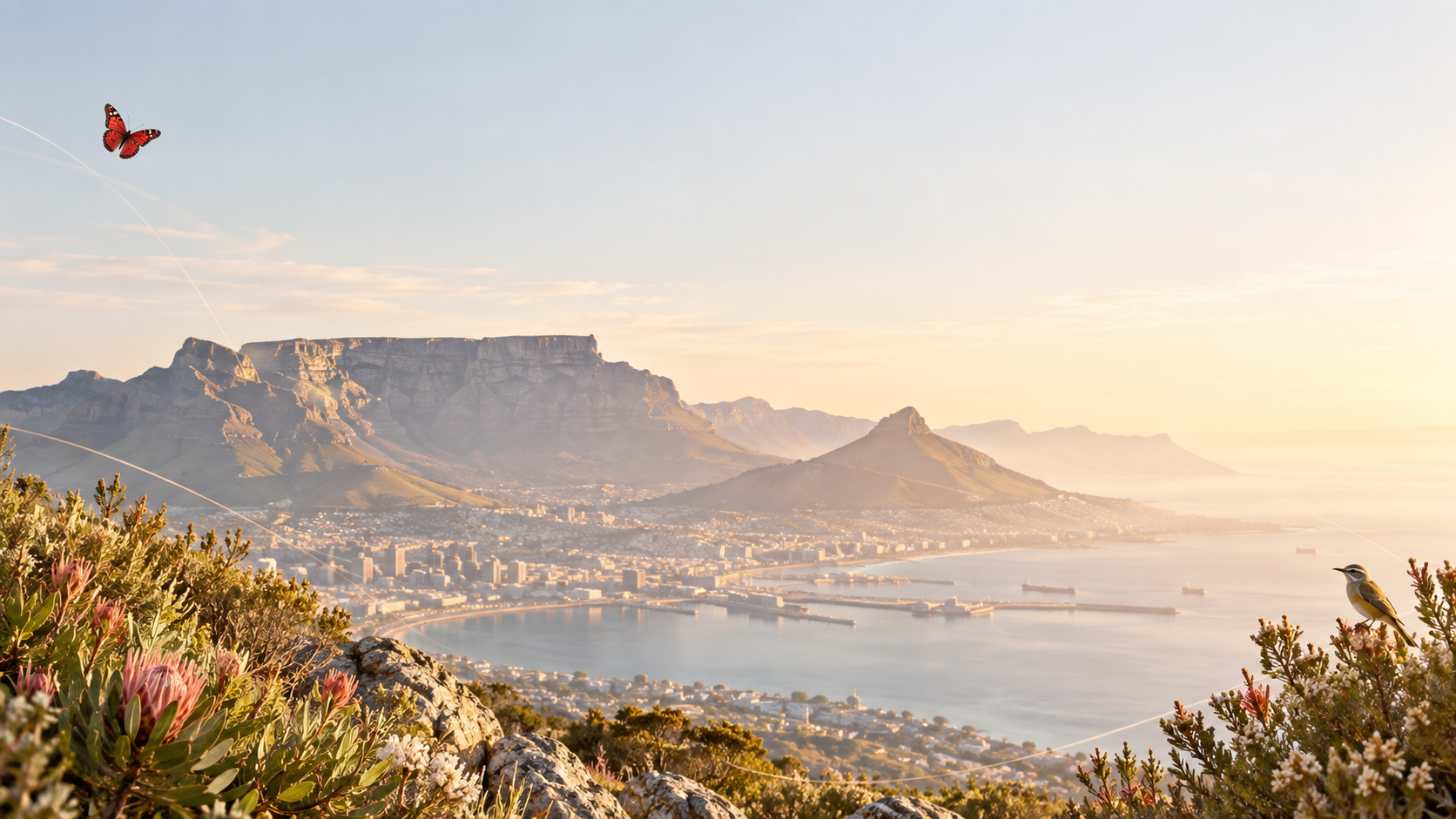 A red butterfly and golden bird above a luminous Cape landscape